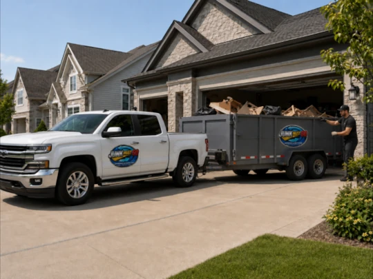 Junk Must Go truck and trailer hauling away unwanted junk